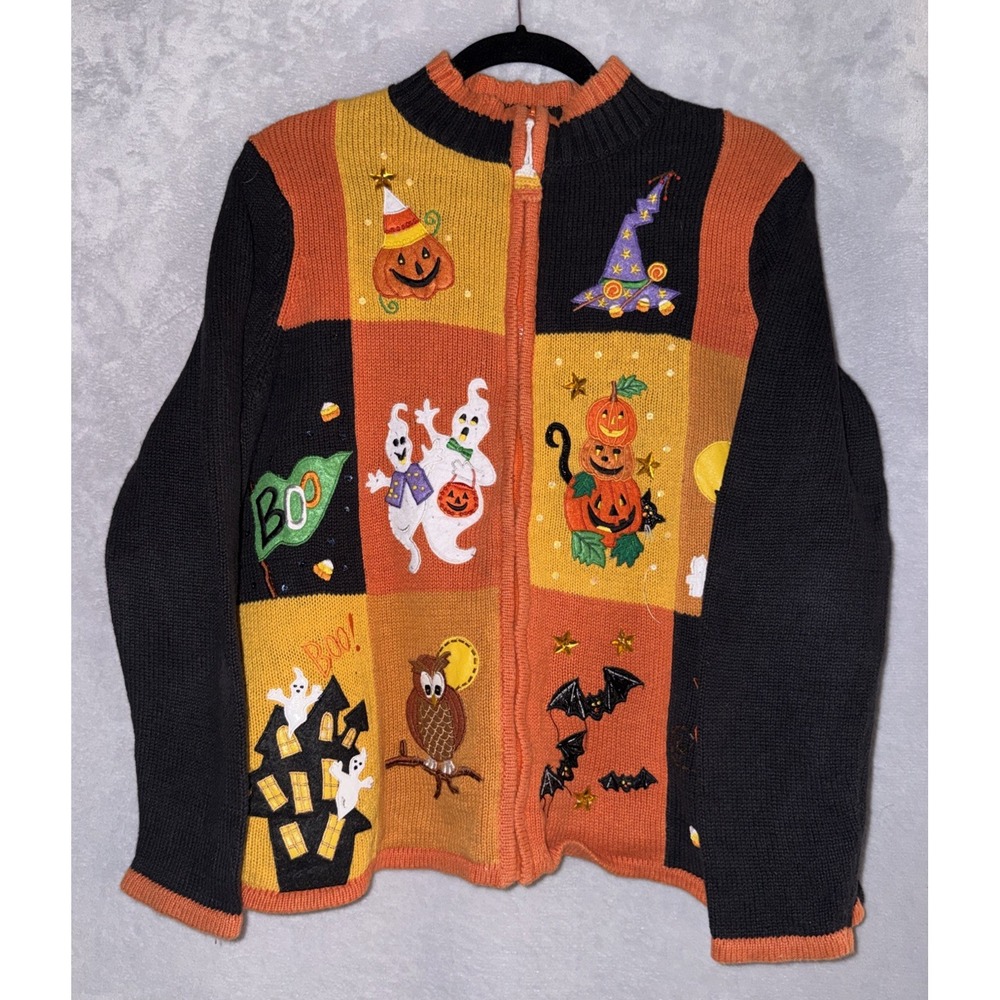 Tiara Women's Halloween Sweater  Pumpkin/Cats/Ghosts Size Large Orange Black